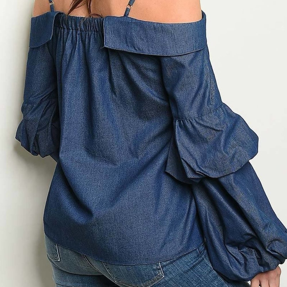 OFF SHOULDER LINED BUBBLE SLEEVE TOP - Picture 2 of 2